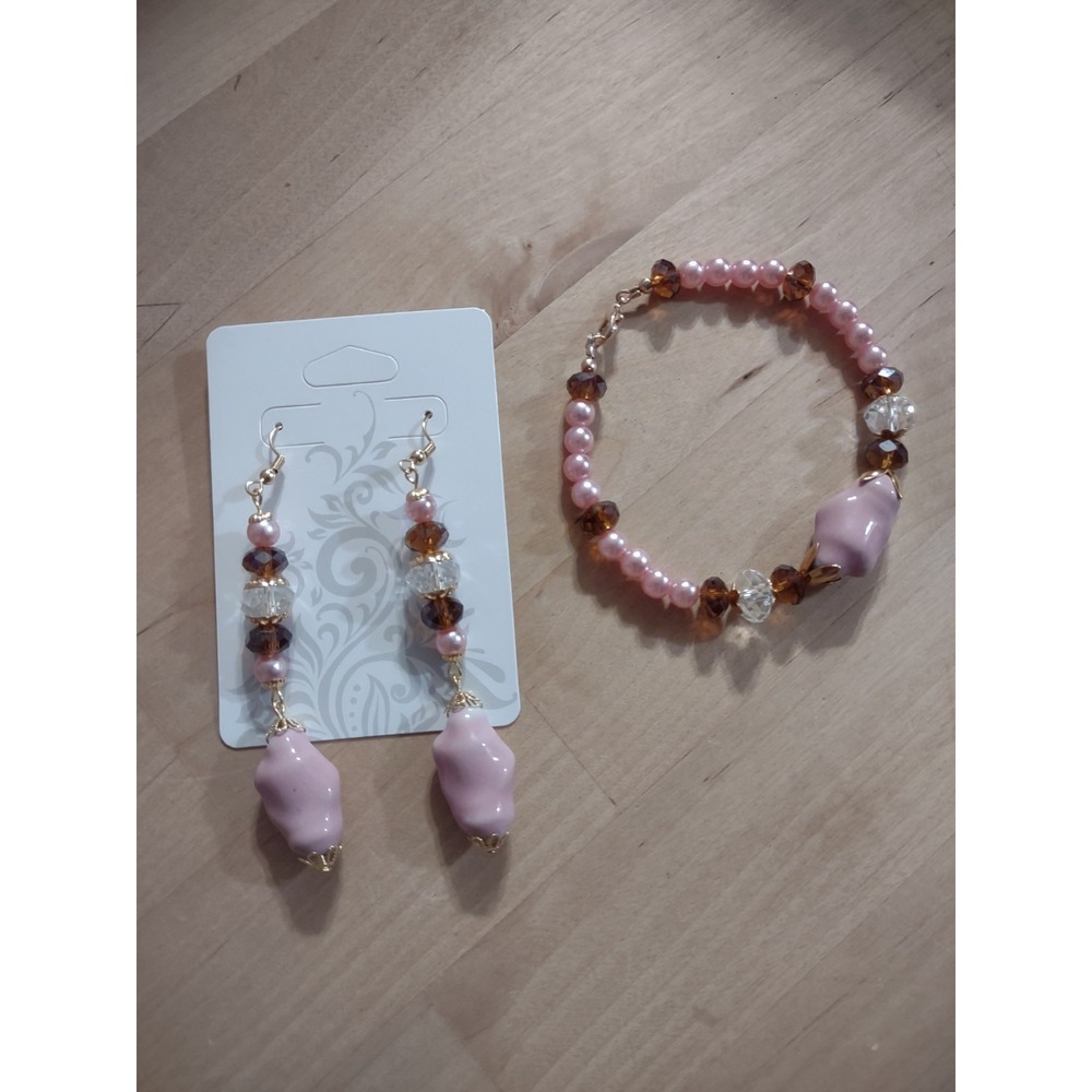 Coquette Romantic Pink & Amber Crystal Jewelry Set – Vintage Style Ceramic...